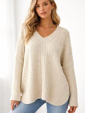 Natural Reflections Cream Cable Knit V-Neck Sweater